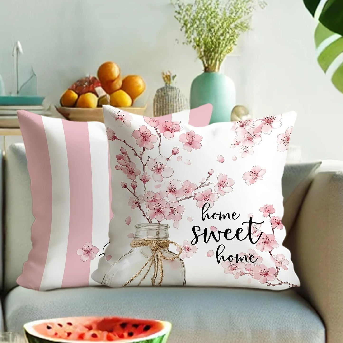 Hello Spring Floral Throw Pillow Cover Pink and WhiteSuitable for sofa car bedroom decorative cushion cover pillow cover