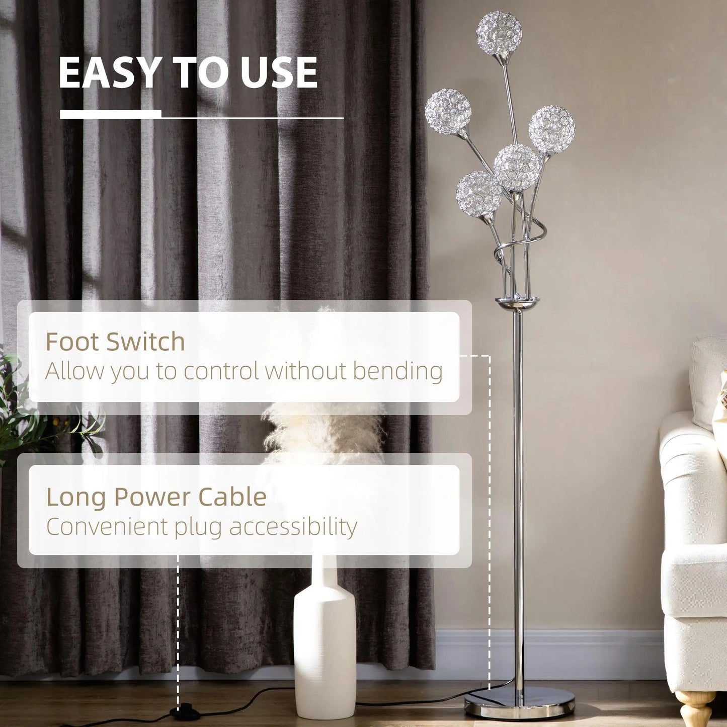 Elegant 5 Light Crystal Floor Lamp for living Room and Bedroom Modern Standing Lighting Silver Finish Home Decor 34x25x156cm