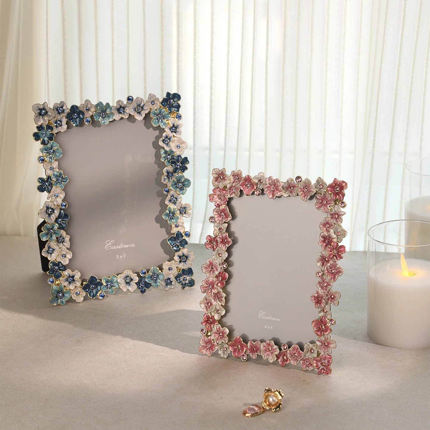 Pink Floral 4x6 inch Photo Frame – Elegant Alloy with Rhinestones, Romantic Gift for Wedding, Home Decor