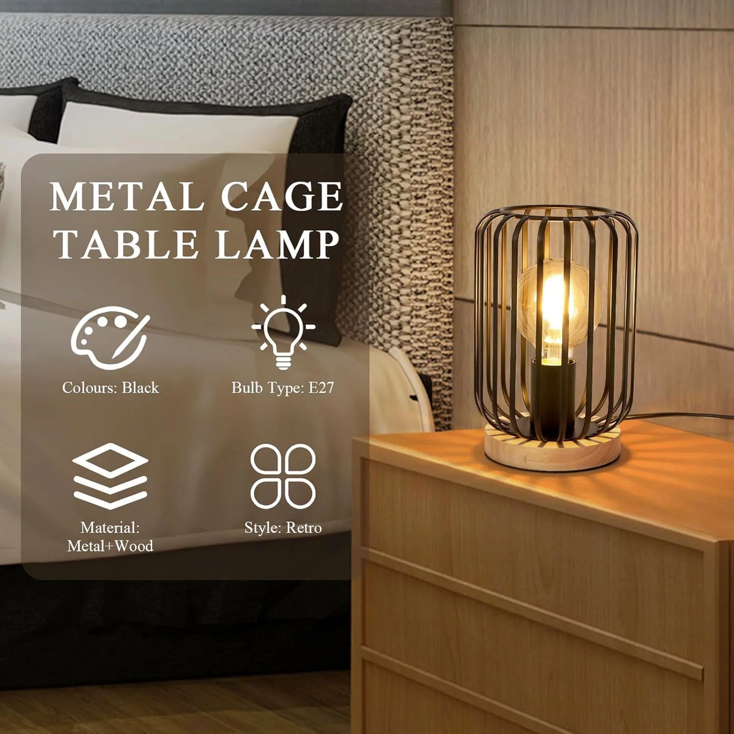 Vintage Desk Lamp,Bedside Lamp Bedroom Cage for E27 Bulb, 60W Black Wood & Metal Table Lamp for Bedroom(Bulb not included)