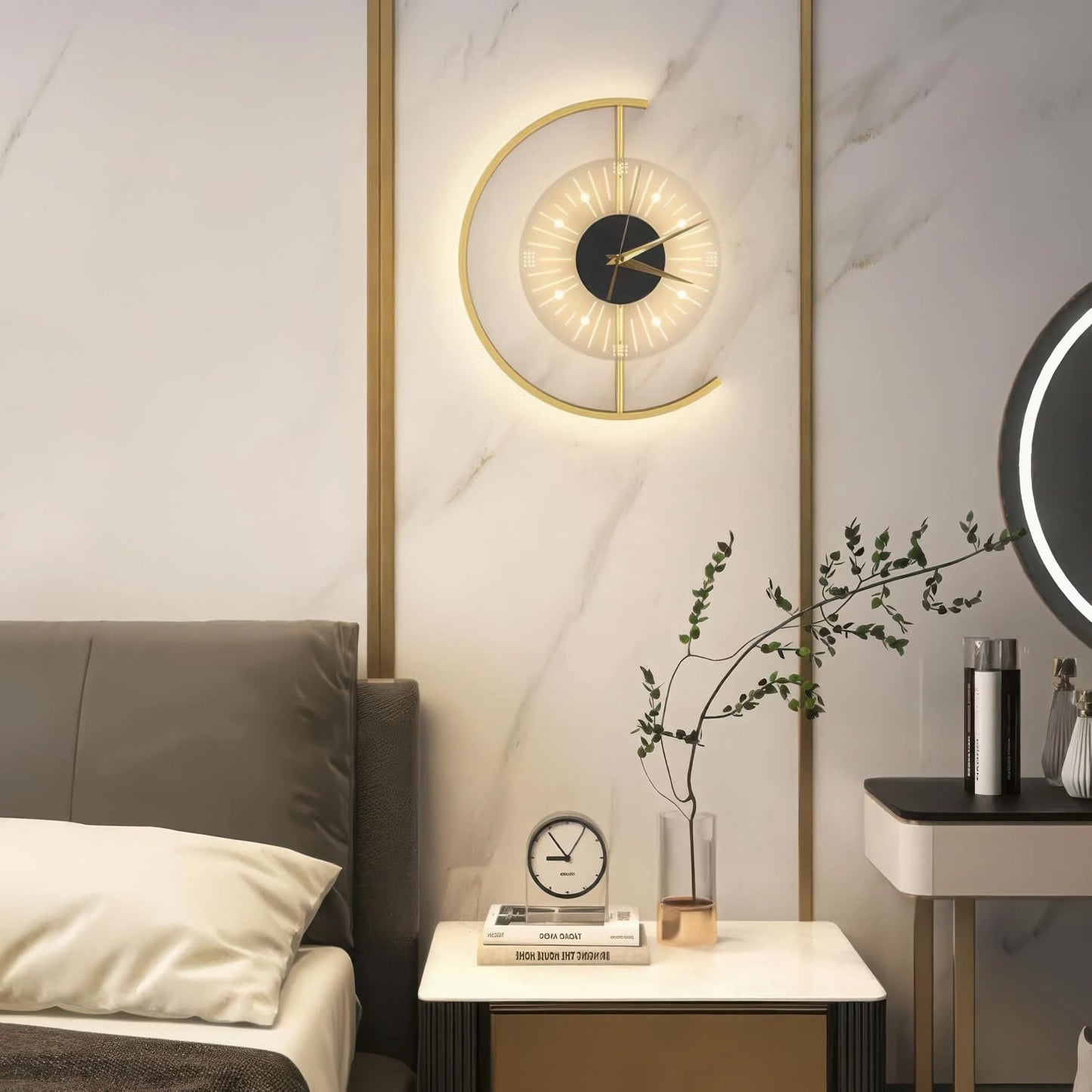 Modern LED Indoor Round Wall Lamp Dimming Gold Clock Wall Light Not Real Clock, Decoration for Bedroom Living Room