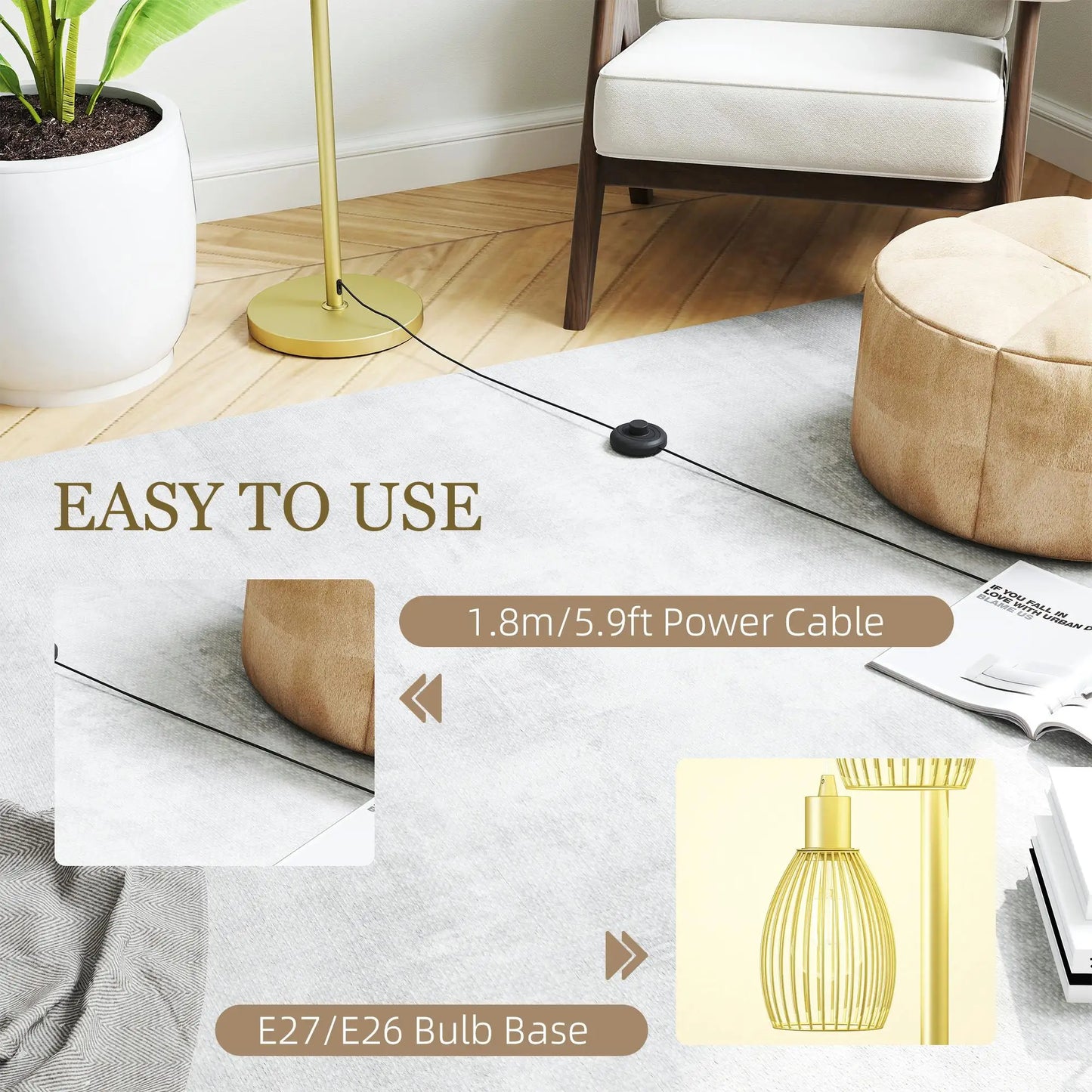 Dimmable 170cm Industrial Floor Lamp with Steel Wire Cage Shades for living Room Bedroom Dining Room Study Gold Finish