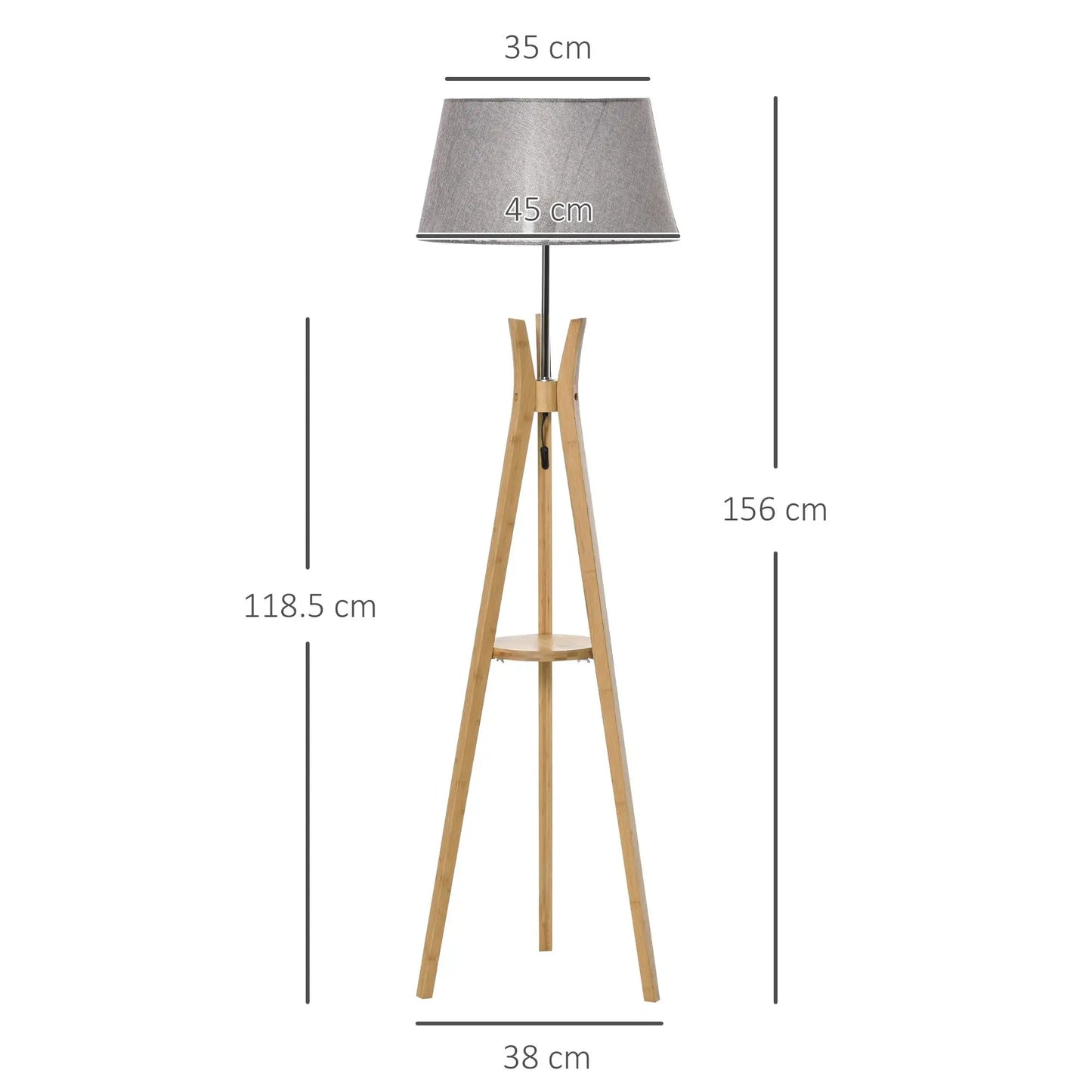 Natural Wood Tripod Floor Lamp with E27 Base Fabric Shade for Bedroom Living Room Storage Shelf Foot Switch 156cm Grey