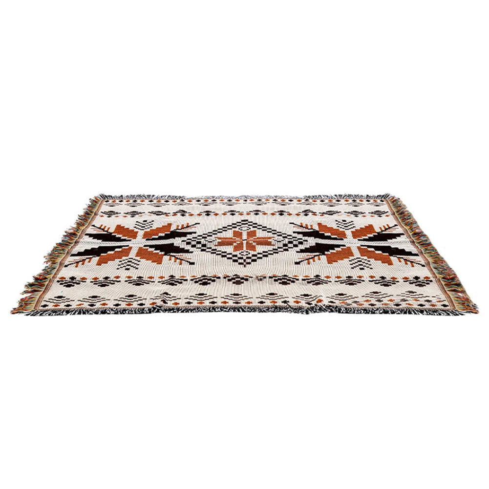 Retro Outdoor Camping Mat Ethnic Bohemian Throw Sofa Blankets with Tassel Moisture-proof Polyester Cotton Travel Garden Rug