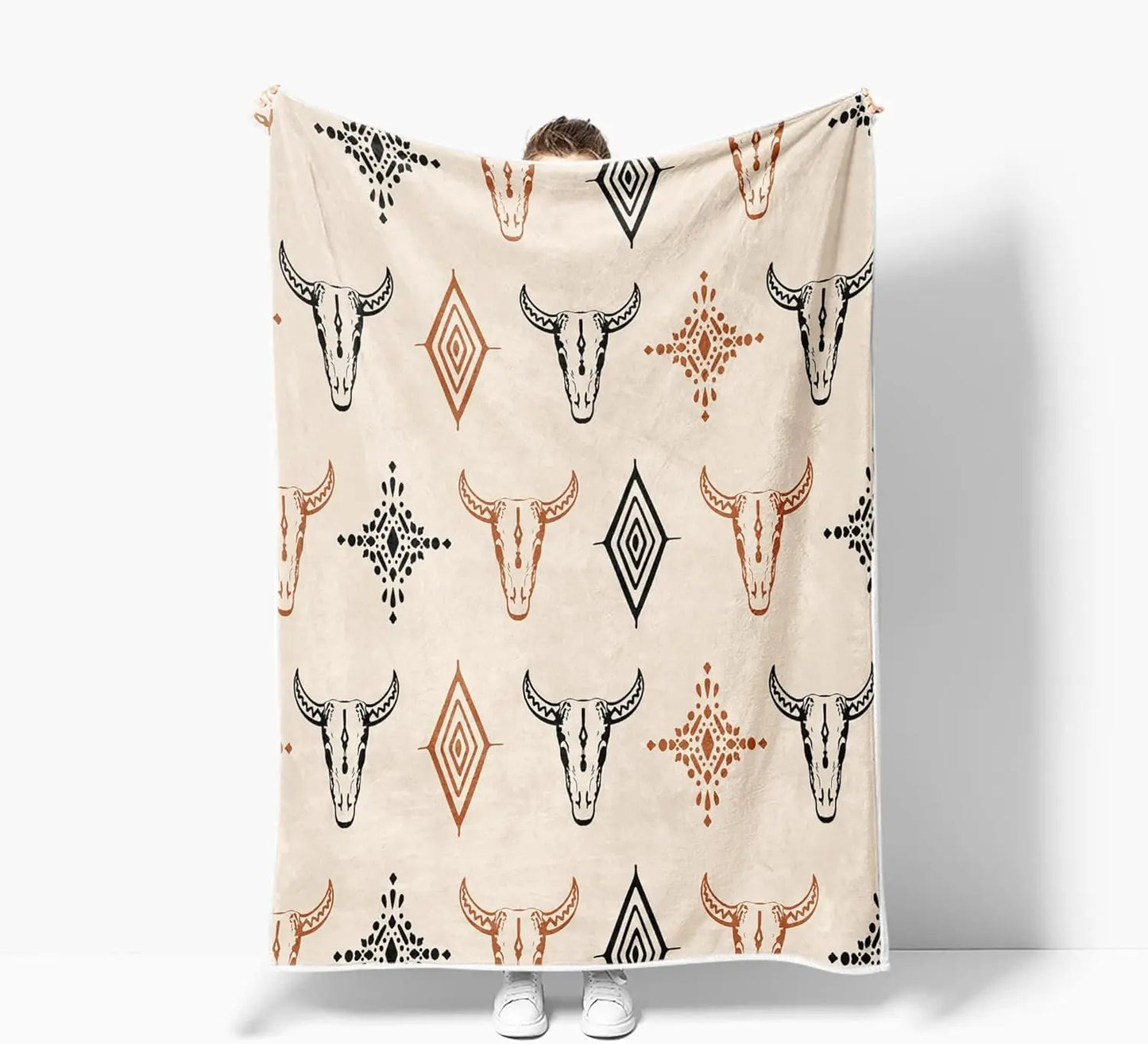 Western Boho Throw Blanket, Native Aztec Tribal Bull Skull Southwestern Cow Bohemian Geometric Pattern Beige Flannel Blanket for