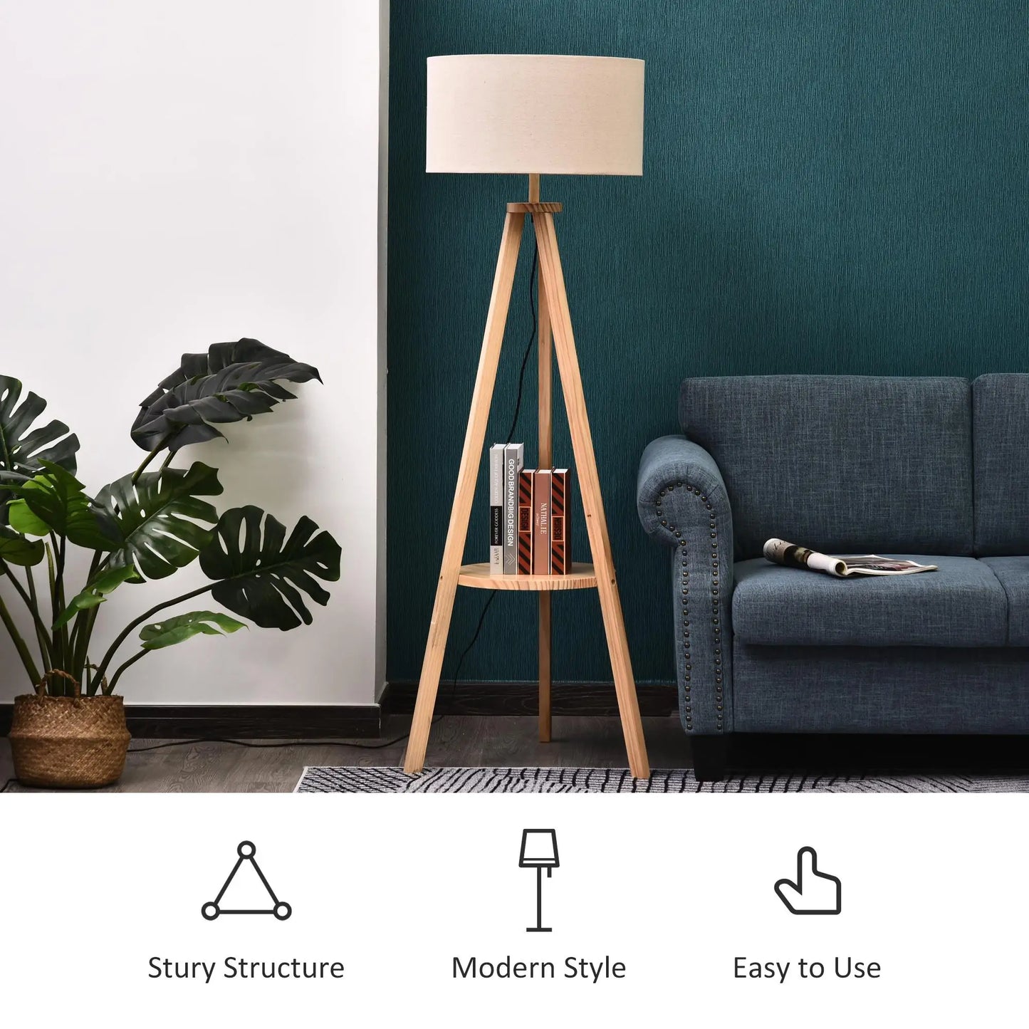 Elegant Tripod Floor Lamp with Linen Shade and Storage Shelf for living Room and Bedroom 154cm Cream Reading Light
