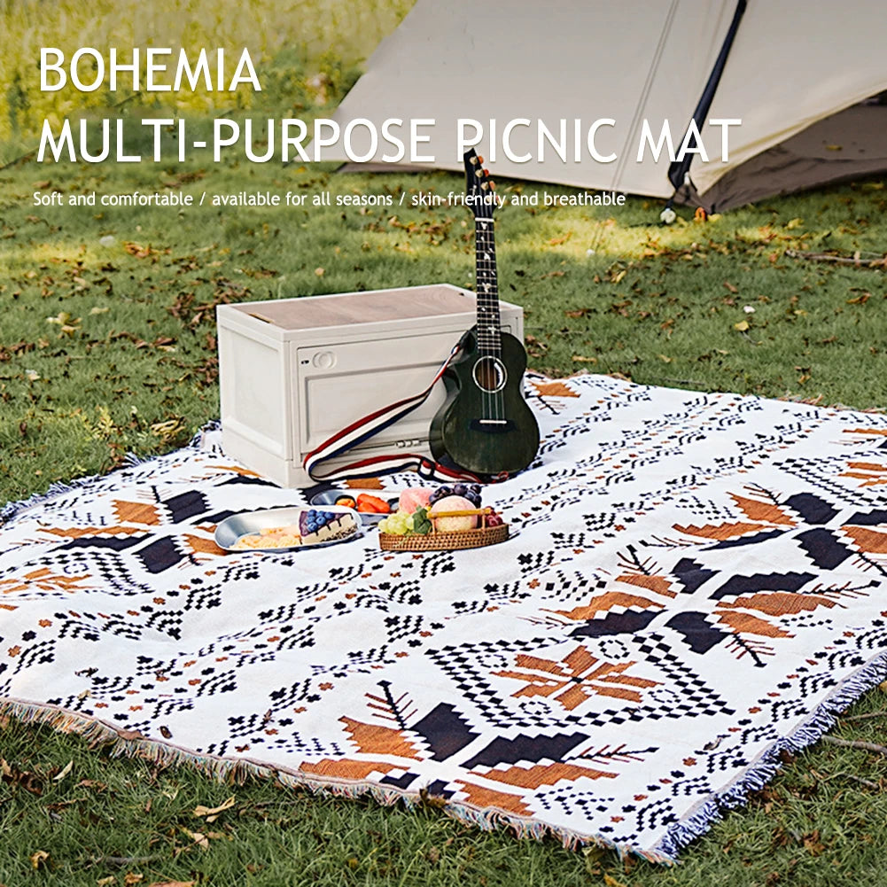 Retro Outdoor Camping Mat Ethnic Bohemian Throw Sofa Blankets with Tassel Moisture-proof Polyester Cotton Travel Garden Rug