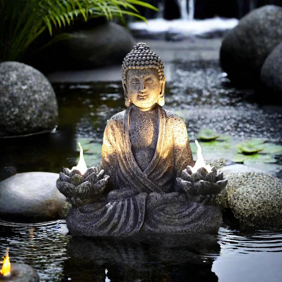 1pc Lotus Buddha Statues with LED Lights, Solar-Power Buddha Sculpture Decor for Home Garden, Yard, Patio, Yoga.