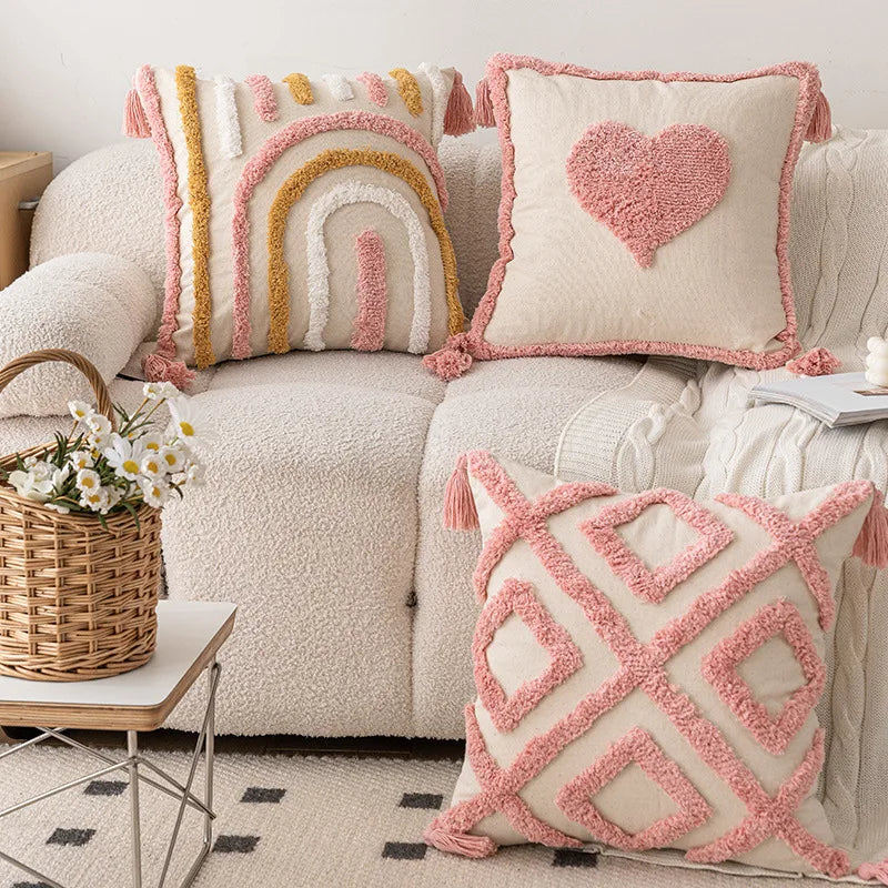 Pink Cotton Tufted Pillow Cover With Tassels Ins Sweet Decorative Pillowcase For Sofa Chic Boho Style Funda Cojin Cushion Cover