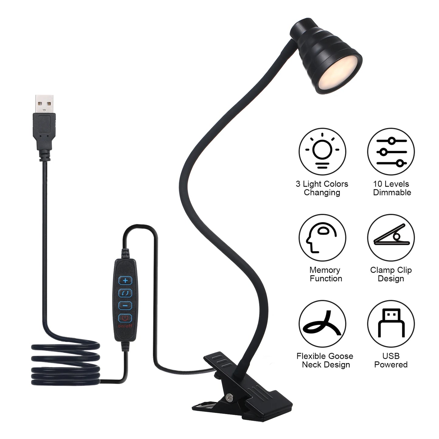 5W 24LEDs Table Desk Lamp Reading Beside Light Clamp CLip Lighting Fixture USB Powered Operated 3 Colors Mode 10 Levels Dimmer