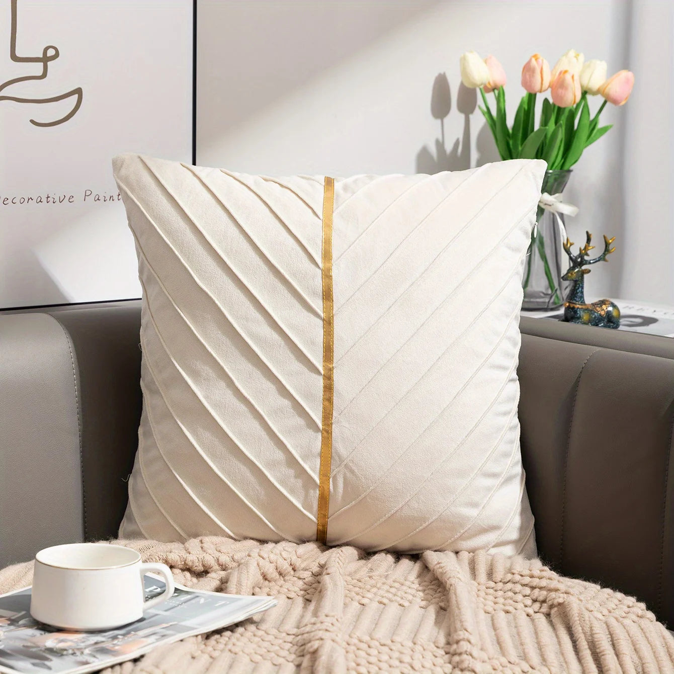 1pc, Golden Velvet Embossed Square Cushion Cover - Soft AndLuxurious Pillow for Home, Bedroom, Car, and Living Room Decor