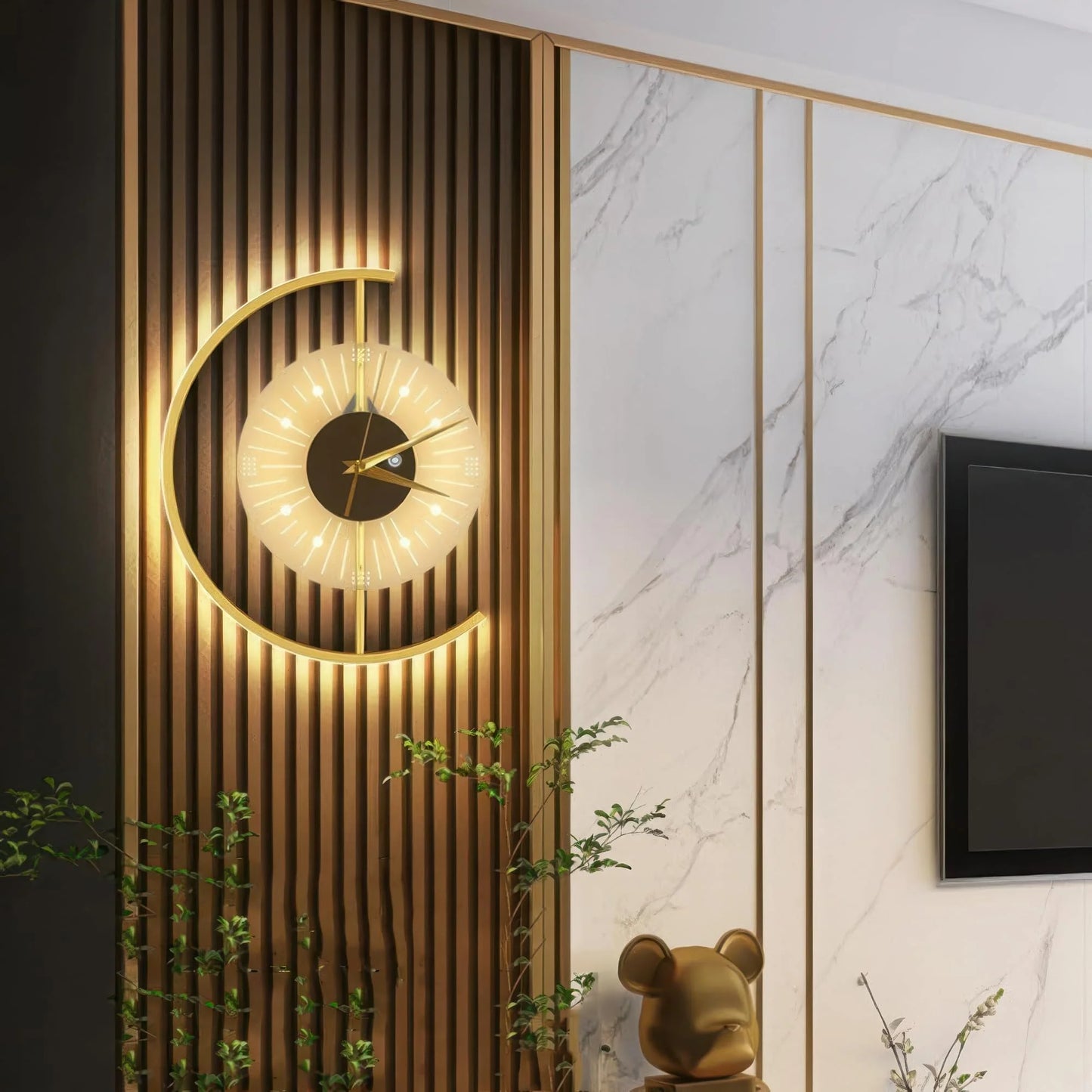 Modern LED Indoor Round Wall Lamp Dimming Gold Clock Wall Light Not Real Clock, Decoration for Bedroom Living Room
