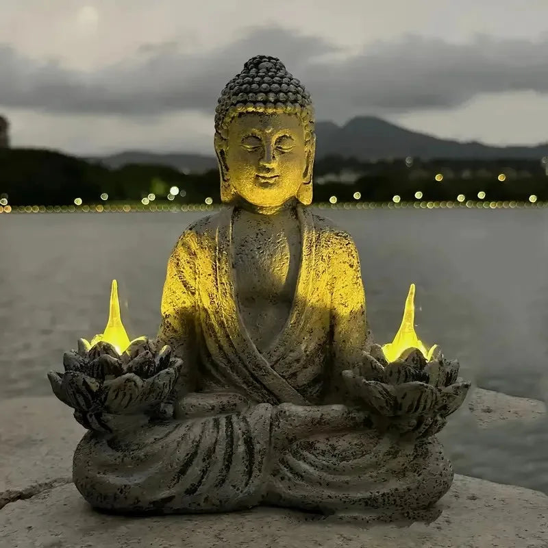 1pc Lotus Buddha Statues with LED Lights, Solar-Power Buddha Sculpture Decor for Home Garden, Yard, Patio, Yoga.