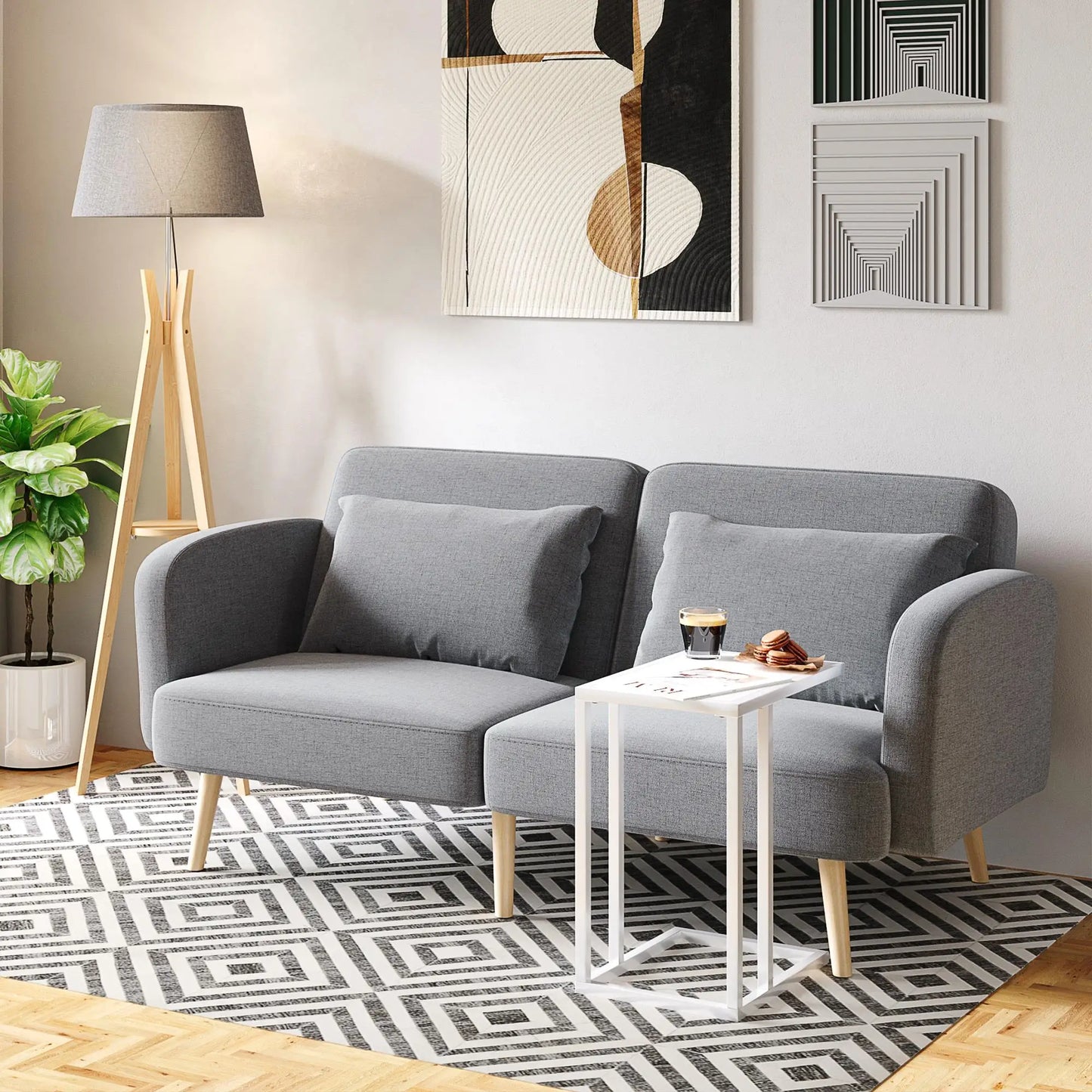 Natural Wood Tripod Floor Lamp with E27 Base Fabric Shade for Bedroom Living Room Storage Shelf Foot Switch 156cm Grey