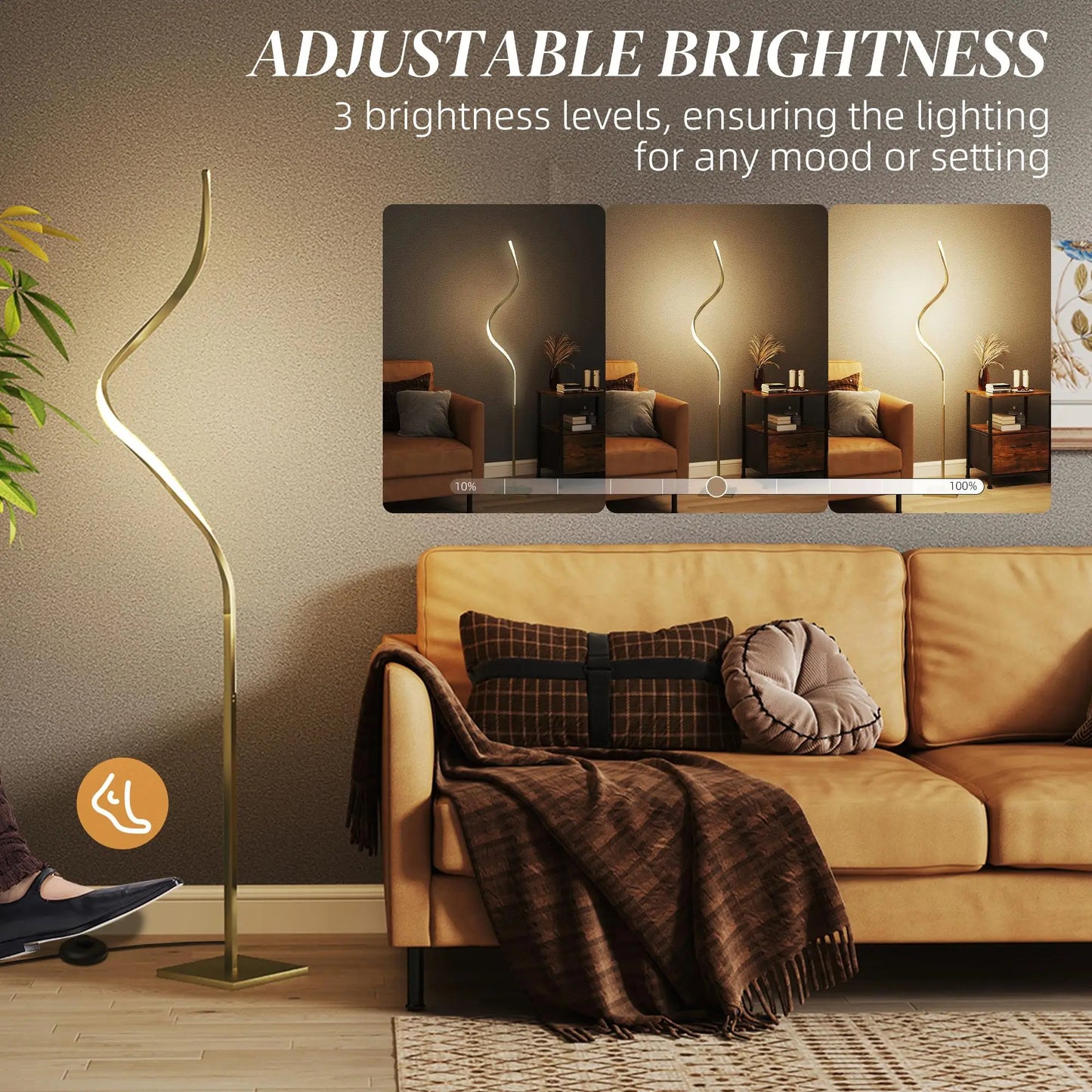 Modern Adjustable LED Floor Lamp with Dimmable Brightness Levels Standing Light for Living Room for bedroom Gold Finish