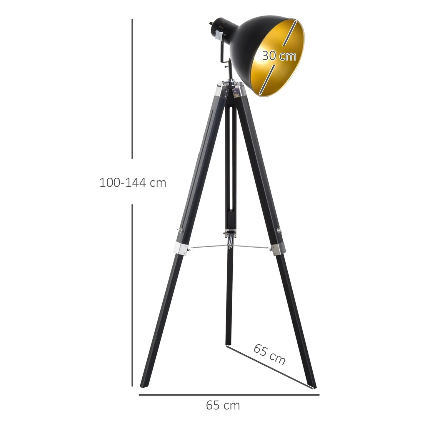 Adjustable Height Spotlight Tripod Floor Lamp Black Gold Wood Legs for living Room Bedroom Office Reading Lighting