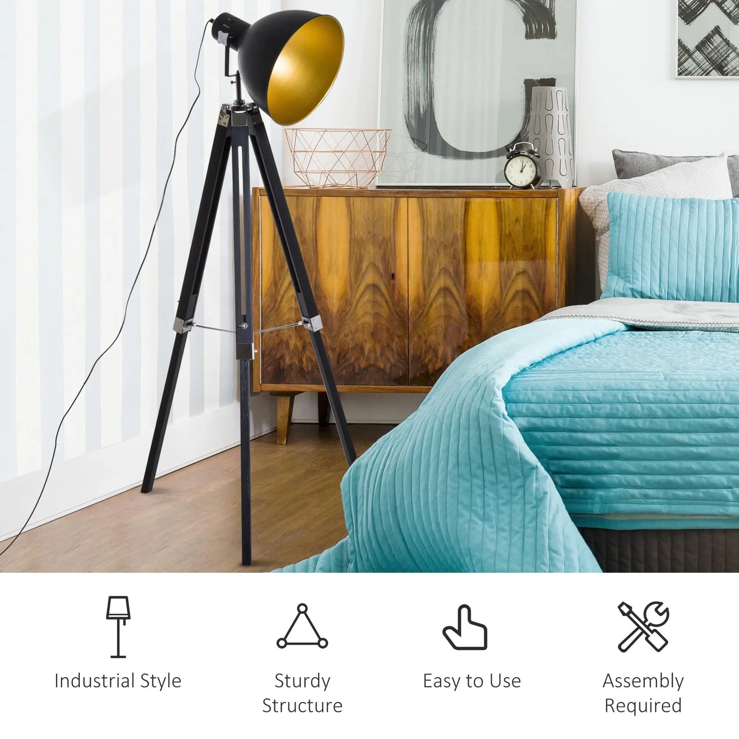 Adjustable Height Spotlight Tripod Floor Lamp Black Gold Wood Legs for living Room Bedroom Office Reading Lighting