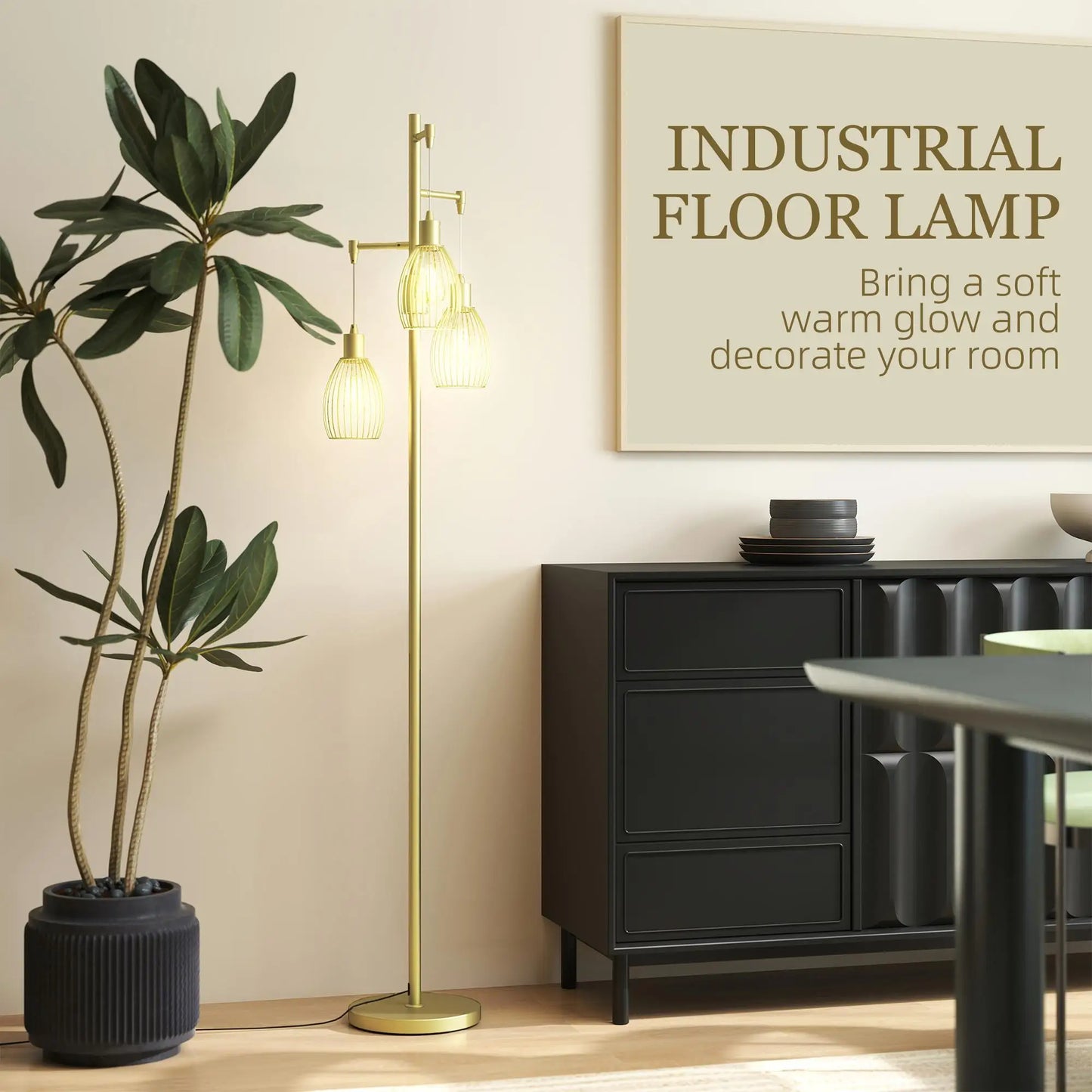 Dimmable 170cm Industrial Floor Lamp with Steel Wire Cage Shades for living Room Bedroom Dining Room Study Gold Finish