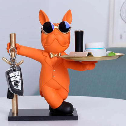 French Bulldog Sculpture Dog Statue Decorative Figurine Storage Metal Tray Coin Piggy Bank Entrance Key Snack Holder