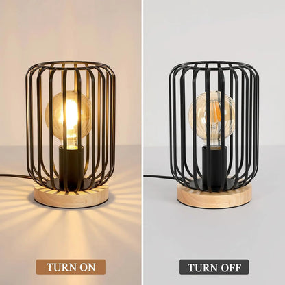 Vintage Desk Lamp,Bedside Lamp Bedroom Cage for E27 Bulb, 60W Black Wood & Metal Table Lamp for Bedroom（Bulb not included）