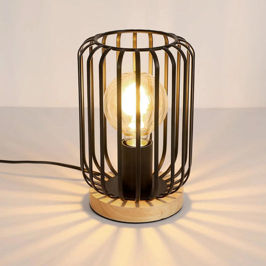 Vintage Desk Lamp,Bedside Lamp Bedroom Cage for E27 Bulb, 60W Black Wood & Metal Table Lamp for Bedroom（Bulb not included）