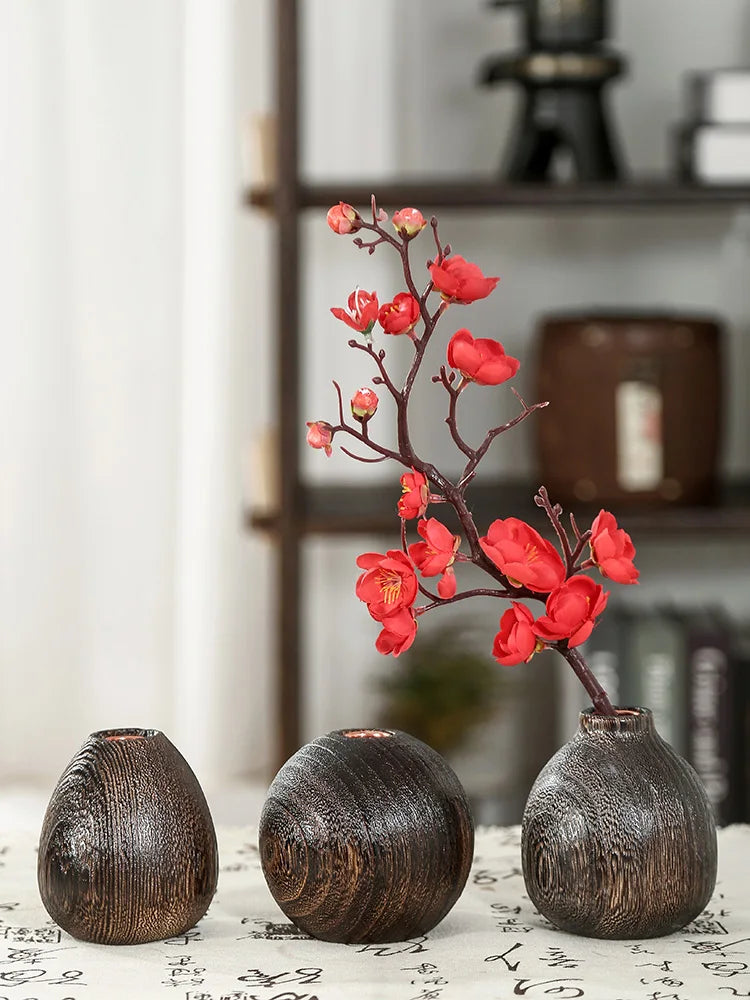 Retro Chinese Sle Wooden Flower Vase Small Dried Flower Decorative Piece Living Room Tea Room Table Decoration Ins Sle