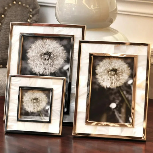 Golden Alloy Photo Frame Natural Shell Material Framed Family Portrait Nightstand Desk Decoration 4/6/7 Inch Picture Frames