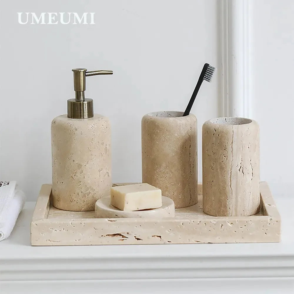 Luxury Travertine Bathroom accessories Toothbrush Holder Soap Dispenser Dish Natural Marble Home Modern Decoration