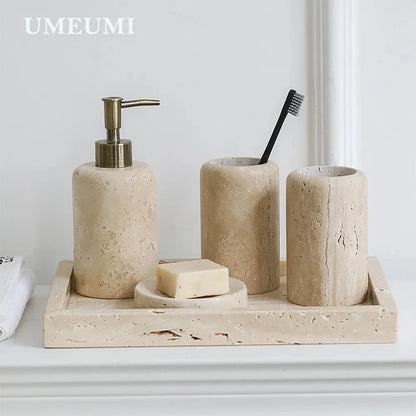 Luxury Travertine Bathroom accessories Toothbrush Holder Soap Dispenser Dish Natural Marble Home Modern Decoration
