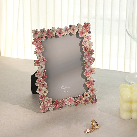 Pink Floral 4x6 inch Photo Frame – Elegant Alloy with Rhinestones, Romantic Gift for Wedding, Home Decor