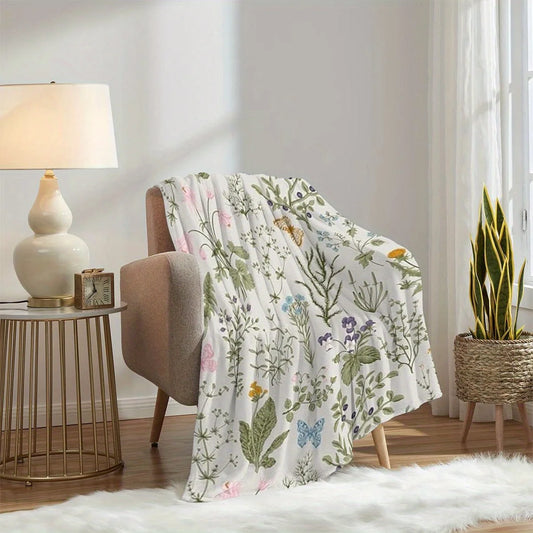 1pc Vintage Floral and Butterfly Throw Blanket - Polyester fabric, machine washable, perfect for home decor, sofa, bedroom
