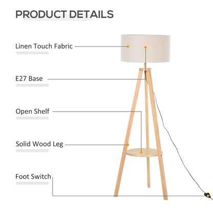 Elegant Tripod Floor Lamp with Linen Shade and Storage Shelf for living Room and Bedroom 154cm Cream Reading Light