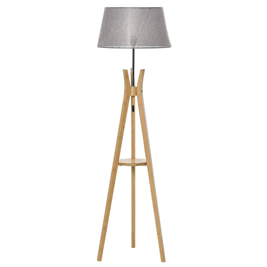 Natural Wood Tripod Floor Lamp with E27 Base Fabric Shade for Bedroom Living Room Storage Shelf Foot Switch 156cm Grey