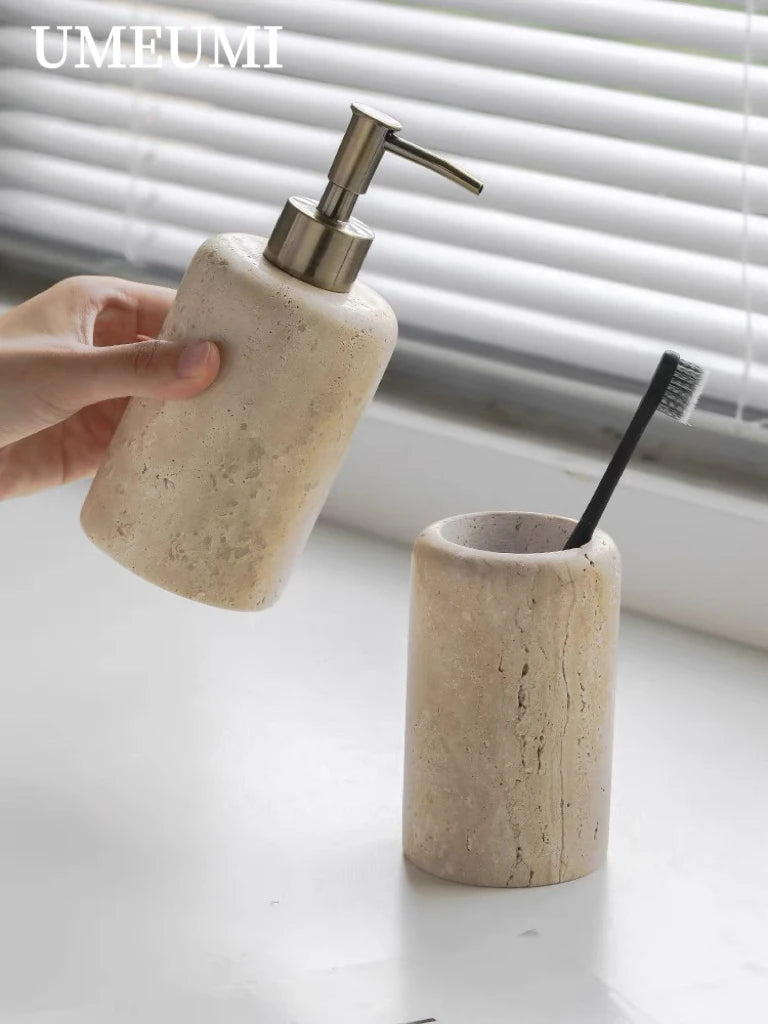 Luxury Travertine Bathroom accessories Toothbrush Holder Soap Dispenser Dish Natural Marble Home Modern Decoration