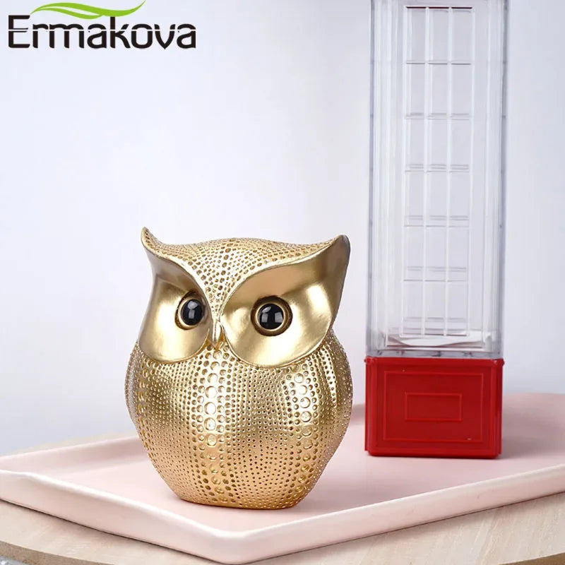 ERMAKOVA 16cm Nordic Golden Owl Statue Figurine Resin Animal Sculpture Crafts Home Living Room Office Decoration Gift