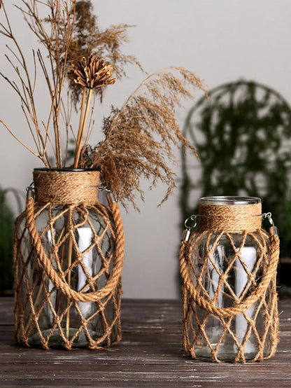 Rustic Hanging Glass Vase with Art Hemp Rope ，Rope Net Dry Flower Glass Vase，Home Transparent Living Room Decor，Table Decoration