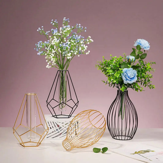 Retro Iron Art Vase Nordic Wrought Iron Glass Vase Black Gold Colors Hydroponic Flower Vase Geometric Line Frame Home Decoration