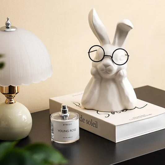 Ceramic Rabbit Sculpture Set with Glasses - Minimalist Animal Decor for Desk, Bookshelf, Porch - Modern Figurines for Home Decor
