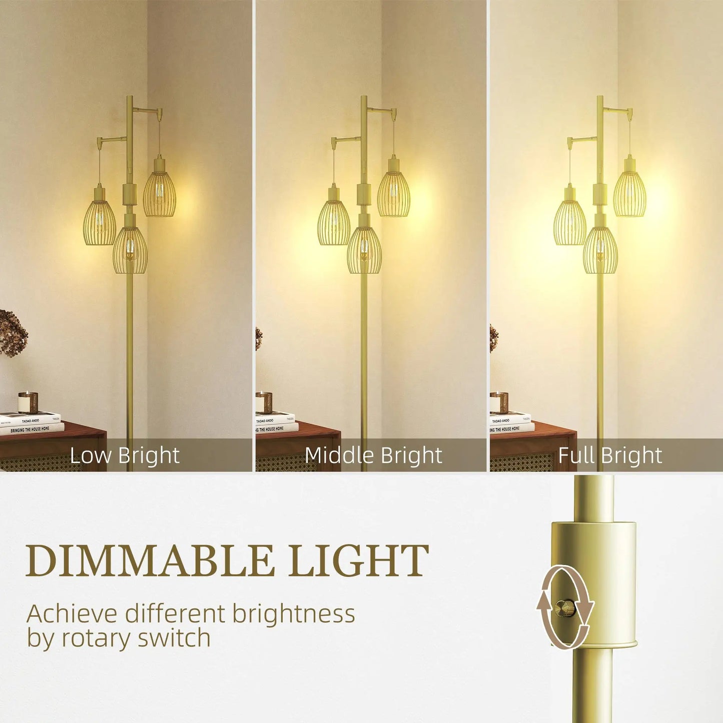 Dimmable 170cm Industrial Floor Lamp with Steel Wire Cage Shades for living Room Bedroom Dining Room Study Gold Finish