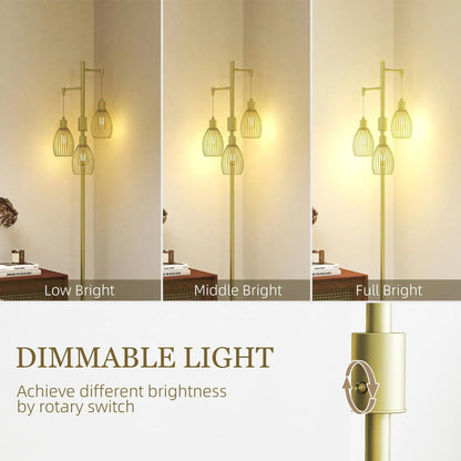 Dimmable 170cm Industrial Floor Lamp with Steel Wire Cage Shades for living Room Bedroom Dining Room Study Gold Finish