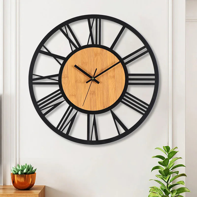 3D Large Wall Clocks Nordic Roman Numerals Retro Round Wood Metal Iron Accurate Silent Hanging Ornament Living Room Decoration