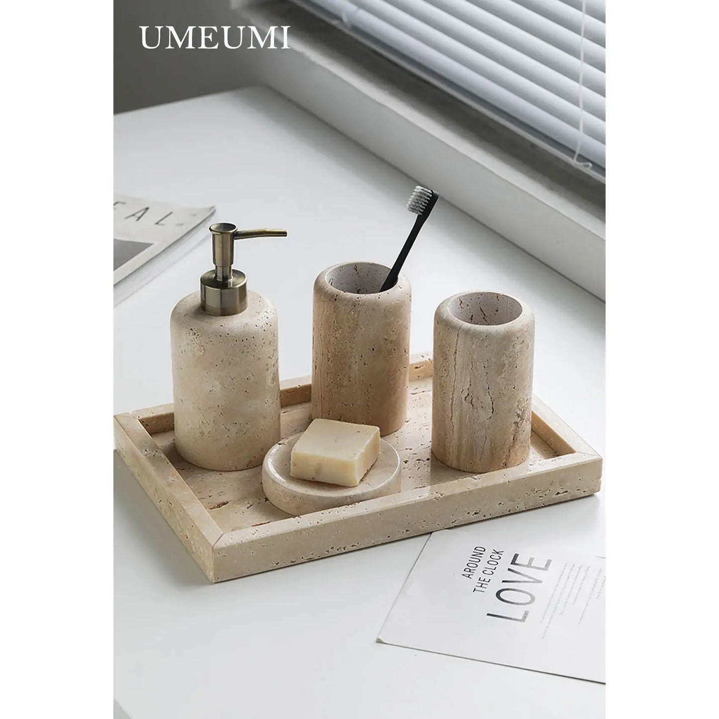 Luxury Travertine Bathroom accessories Toothbrush Holder Soap Dispenser Dish Natural Marble Home Modern Decoration