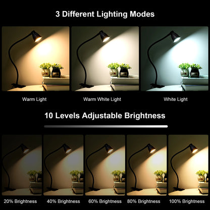 5W 24LEDs Table Desk Lamp Reading Beside Light Clamp CLip Lighting Fixture USB Powered Operated 3 Colors Mode 10 Levels Dimmer