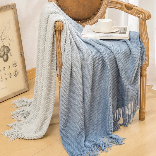 Gradient Knitted Sofa Throw Fringed Acrylic Blanket with Gradient Colors, 4 Seasons Use Soft Fleece-Like Fabric & Anti-Pilling