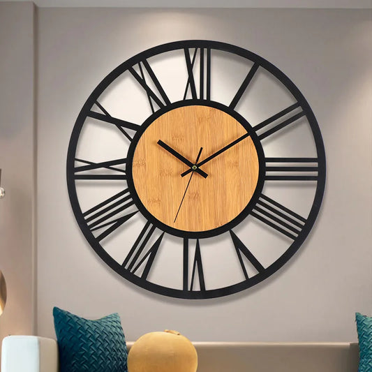 3D Large Wall Clocks Nordic Roman Numerals Retro Round Wood Metal Iron Accurate Silent Hanging Ornament Living Room Decoration