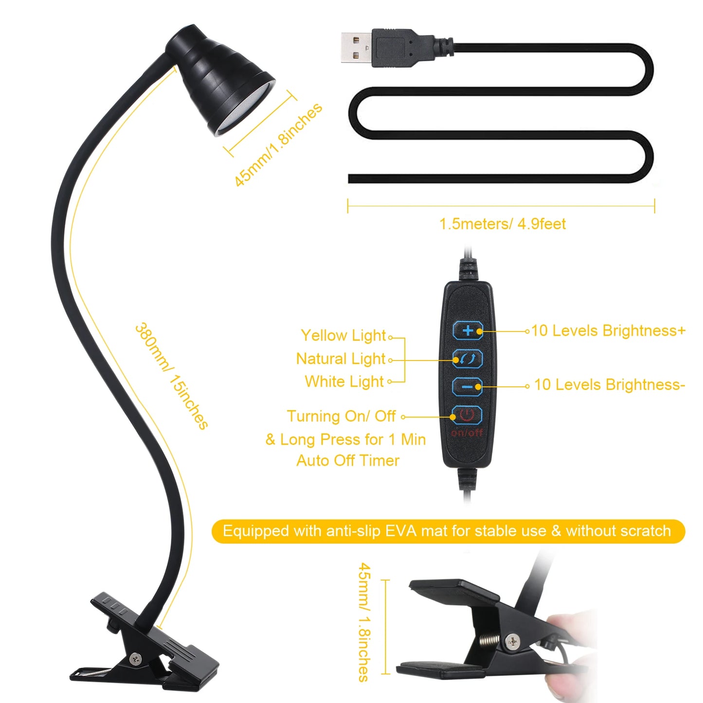 5W 24LEDs Table Desk Lamp Reading Beside Light Clamp CLip Lighting Fixture USB Powered Operated 3 Colors Mode 10 Levels Dimmer