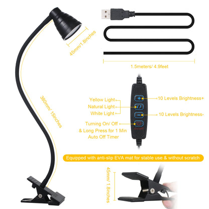 5W 24LEDs Table Desk Lamp Reading Beside Light Clamp CLip Lighting Fixture USB Powered Operated 3 Colors Mode 10 Levels Dimmer