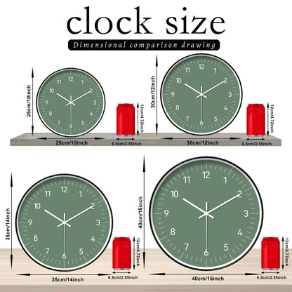 A modern minimalist green wall clock, battery operated non-ticking analog mute clock, 10-16 inch round plastic wall clock, suita