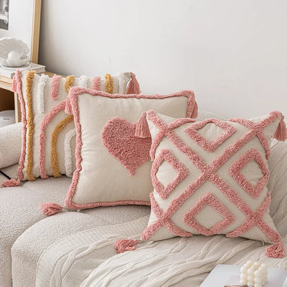 Pink Cotton Tufted Pillow Cover With Tassels Ins Sweet Decorative Pillowcase For Sofa Chic Boho Style Funda Cojin Cushion Cover