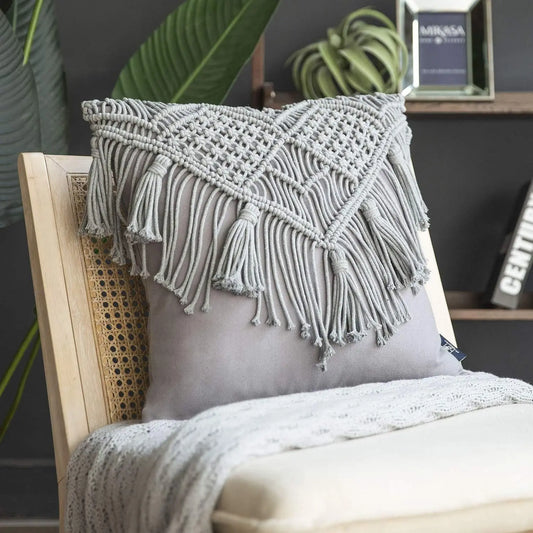 Macrame Tassel Throw Pillow Cover Boho Chic Square Cushion Case 45x45cm Decorative Woven Pillow for Sofa Living Room Bedroom